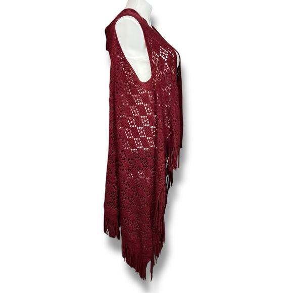 Maurices Womens Long Open Front Sleeveless Crochet Cardigan Duster Fringe Boho - Picture 2 of 6